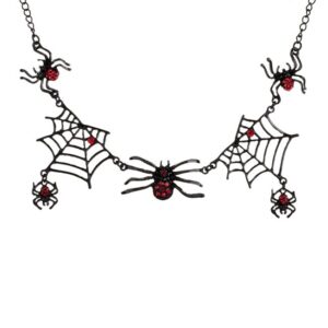 Accesoriu de Halloween Colier Gothic Negru cu Paianjeni Metalici & Strass Rosu