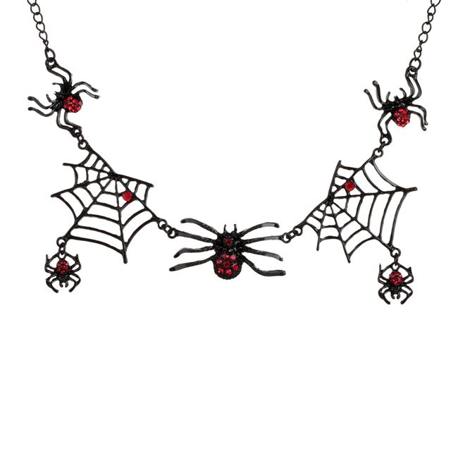 Accesoriu de Halloween Colier Gothic Negru cu Paianjeni Metalici & Strass Rosu