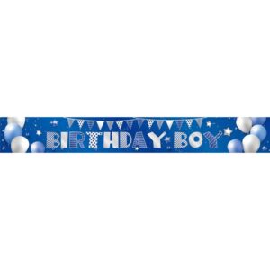 Banner de Perete Albastru Metalizat pentru Petrecere "Birthday Boy" 250x11cm
