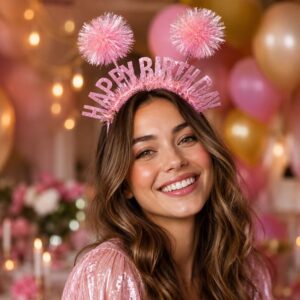 Bentita Party Roz cu Urechi Holografice Beteala Glitter "Happy Birthday"