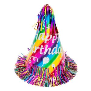 Coif de Petrecere cu Franjuri din Folie ”Happy Birthday” Argintiu 26cm