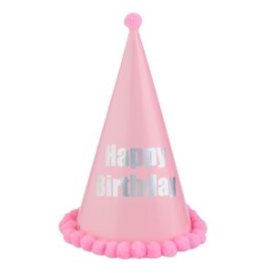 Coif de Petrecere Roz Pastel Pompon Irizat "Happy Birthday" 28cm