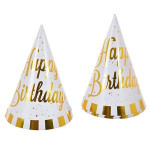 Coifuri de Petrecere din Carton Alb cu Dungi & Folie Aurie "Happy Birthday" 16cm - 6buc