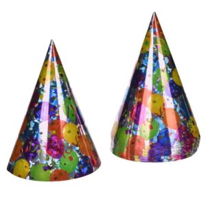 Coifuri de Petrecere din Carton Argintiu Metalizat cu Model Baloane Multicolore 16cm - 15buc