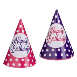 Coifuri de Petrecere din Hartie Fucsia Mov cu Buline "Happy Birthday" 16cm - 6buc