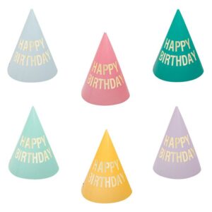 Coifuri Multicolore din Hartie cu Folie Aurie "Happy Birthday" 16cm - 12buc