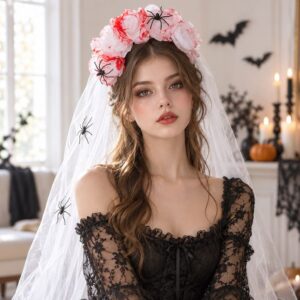 Coronita Par de Halloween cu Trandafiri Insangerati & Tul Alb cu Paianjeni
