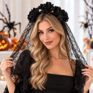 Coronita Par Deghizare Neagra Trandafiri Dantela Lunga 90cm