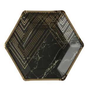 Farfurii de Carton Negre Marble cu Folie Aurie 23cm - 6buc