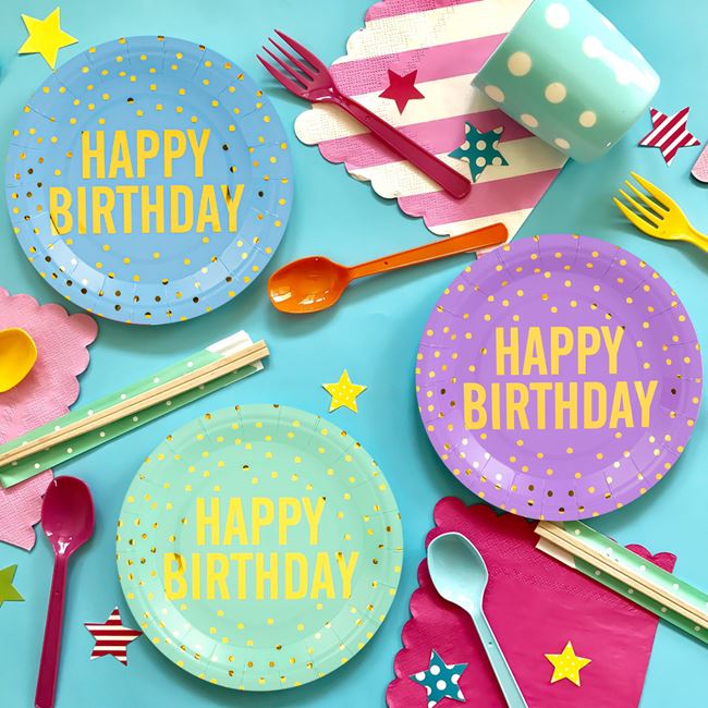 Farfurii de Petrecere de Carton Pastelate cu Folie Aurie "Happy Birthday" 18cm - 25buc