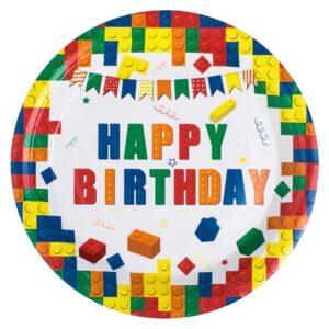 Farfurii de Petrecere din Carton Alb Caramizi Colorate Happy Birthday Ø23cm - 10buc