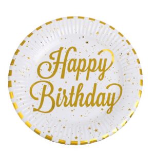 Farfurii de Petrecere din Carton Alb cu Dungi din Folie Aurie Happy Birthday Ø18cm - 12buc