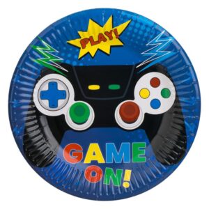 Farfurii de Petrecere din Carton Albastru cu Model Control "Game On" 18cm - 6buc