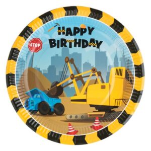 Farfurii de Petrecere din Carton Bleu Galben Vehicule de Santier Happy Birthday Ø23cm - 10buc