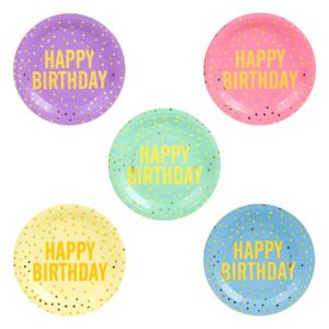 Farfurii de Petrecere din Carton de Culori Pastelate cu Folie Aurie "Happy Birthday" 23cm - 25buc