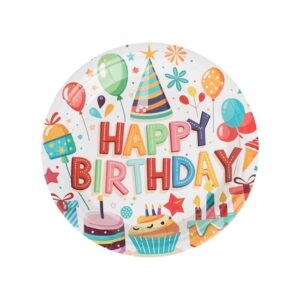 Farfurii de Petrecere din Carton Ecru cu Model Baloane Cadouri Dulciuri "Happy Birthday" Ø18cm - 12buc