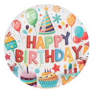 Farfurii de Petrecere din Carton Ecru cu Model Baloane Cadouri Dulciuri "Happy Birthday" Ø23cm - 12buc