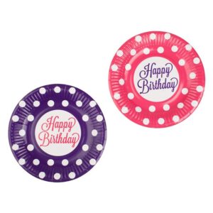Farfurii de Petrecere din Carton Fucsia Mov cu Buline Happy Birthday Ø18cm - 12buc