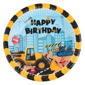 Farfurii de Petrecere din Hartie Bleu Galbena Vehicule de Santier Happy Birthday Ø18cm - 10buc