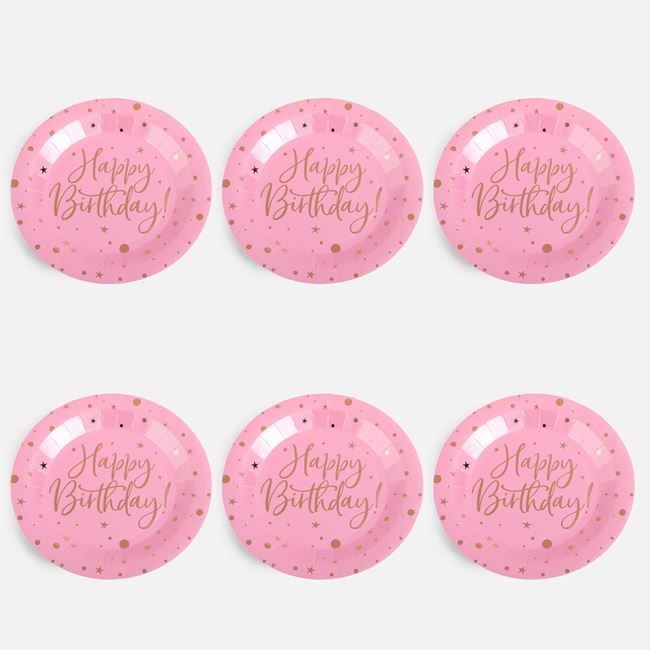 Farfurii de Petrecere din Hartie Roz Happy Birthday 18cm - 6buc