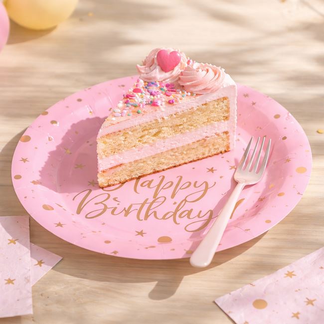 Farfurii de Petrecere din Hartie Roz Happy Birthday 18cm - 6buc