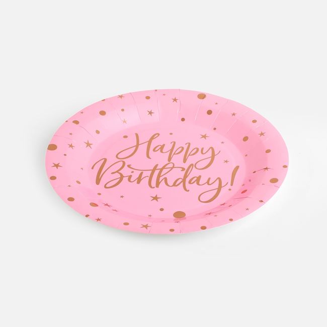 Farfurii de Petrecere din Hartie Roz Happy Birthday 18cm - 6buc