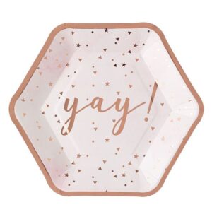 Farfurii din Carton Albe Hexagonale Folie Roz Aurie 'Yay' 18cm - 6buc