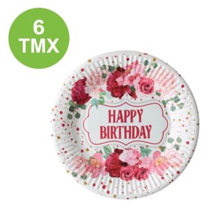 Farfurii din Carton de Petrecere Albe Roz Floral Happy Birthday 23cm - 6buc