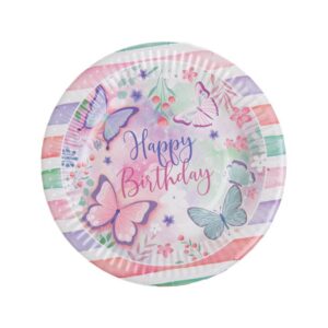 Farfurii din Carton de Petrecere Albe Roz Verde Menta Fluturi "Happy Birthday" Ø18cm - 12buc