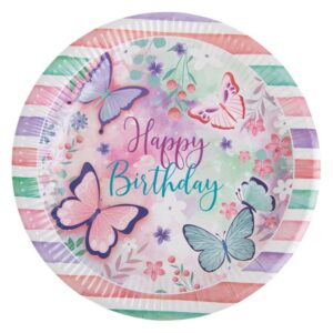 Farfurii din Carton de Petrecere Albe Roz Verde Menta Fluturi "Happy Birthday" Ø23cm - 12buc