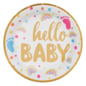 Farfurii din Carton pentru Petrecerea Bebelusului Baby Shower Albe Folie Aurie Hello Baby 23cm - 6buc