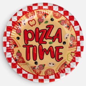 Farfurii din Hartie pentru Petrecere Rosii cu Carouri „Pizza Time” Ø23cm - 12buc