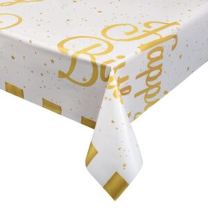 Fata de Masa de Petrecere din Plastic Alb cu Dungi din Folie Aurie Happy Birthday 180x120cm