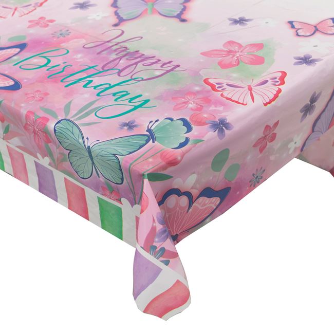 Fata de Masa de Petrecere din Plastic Alb Roz Verde Menta Fluturi 180x120cm