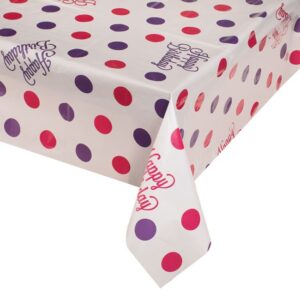 Fata de Masa de Petrecere din Plastic Alba cu Buline Fucsia Mov Happy Birthday 180x120cm