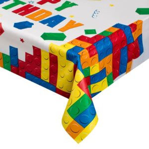 Fata de Masa din Plastic Alba cu Caramizi Colorate "Happy Birthday" 180x120cm
