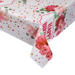 Fata de Masa din Plastic de Petrecere Roz Floral Happy Birthday 180x120cm - 1buc