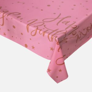 Fata Masa Petrecere din Plastic Roz cu Baloane Aurii Happy Birthday 180x120cm