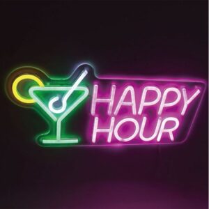 Lampa LED Neon Roz Verde Alb & Galben "Happy Hour" Cocktail 43x21cm