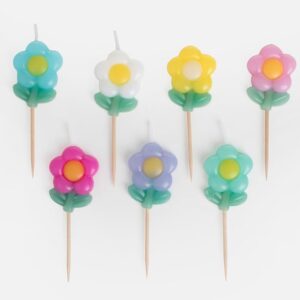 Lumanari Aniversare cu Scobitori Margarete Colorate cu Frunze 8cm - 7buc
