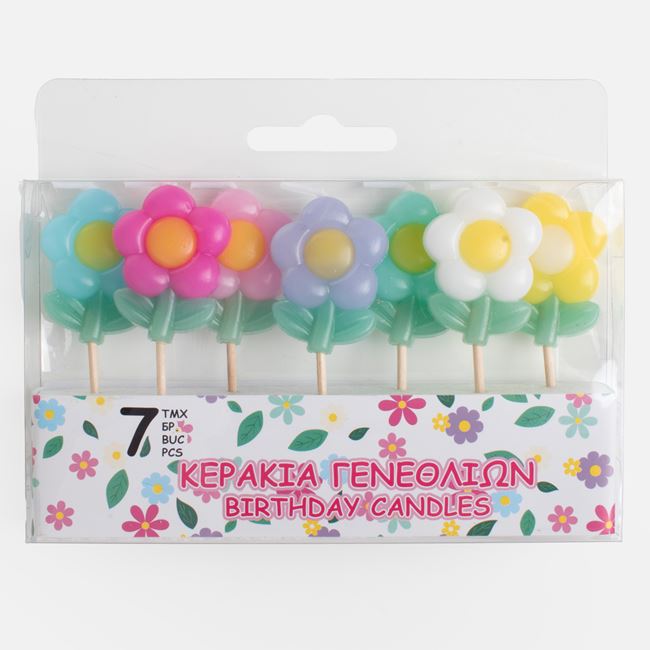 Lumanari Aniversare cu Scobitori Margarete Colorate cu Frunze 8cm - 7buc