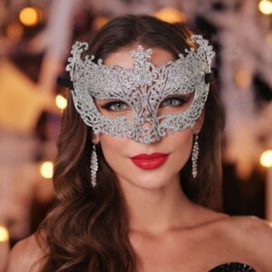 Masca Carnaval Argintie cu Glitter pentru Femei