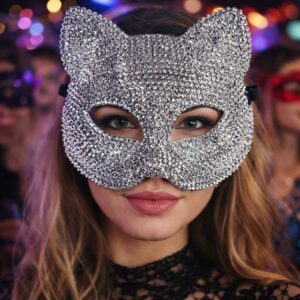 Masca Carnaval Fancy Pisica cu Strasuri Argintii pentru Femei