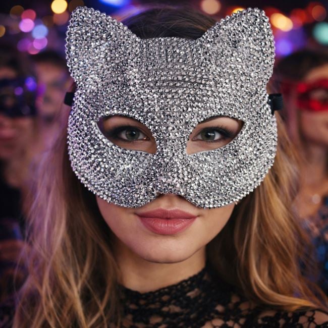 Masca Carnaval Fancy Pisica cu Strasuri Argintii pentru Femei