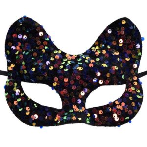 Masca Deghizare de Halloween Neagra Catifelata cu Urechi de Pisica & Paiete pentru Femei  18.5cm