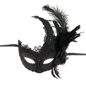 Masca Neagra Fancy cu Dantela Glitter & Pene pentru Femei