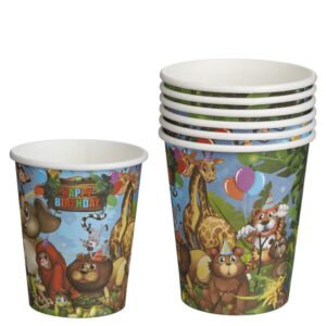 Pahare de Carton cu Model Animale din Jungla "Happy Birthday" 240ml - 6buc