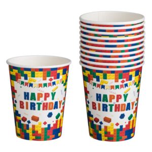 Pahare de Petrecere din Carton Alb Caramizi Colorate Happy Birthday 240ml - 10buc