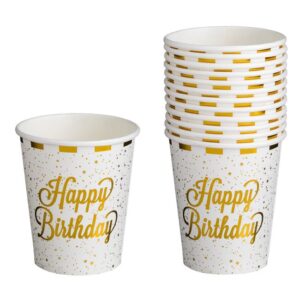 Pahare de Petrecere din Carton Alb cu Dungi din Folie Aurie Happy Birthday 240ml - 12buc