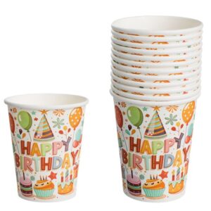 Pahare de Petrecere din Carton Ecru Baloane Cadouri Prajituri ”Happy Birthday” 240ml - 12buc